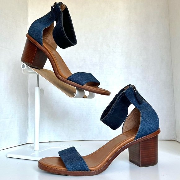 Frye Brielle Denim Back Zip Stacked Heel Sandal - Picture 1 of 12